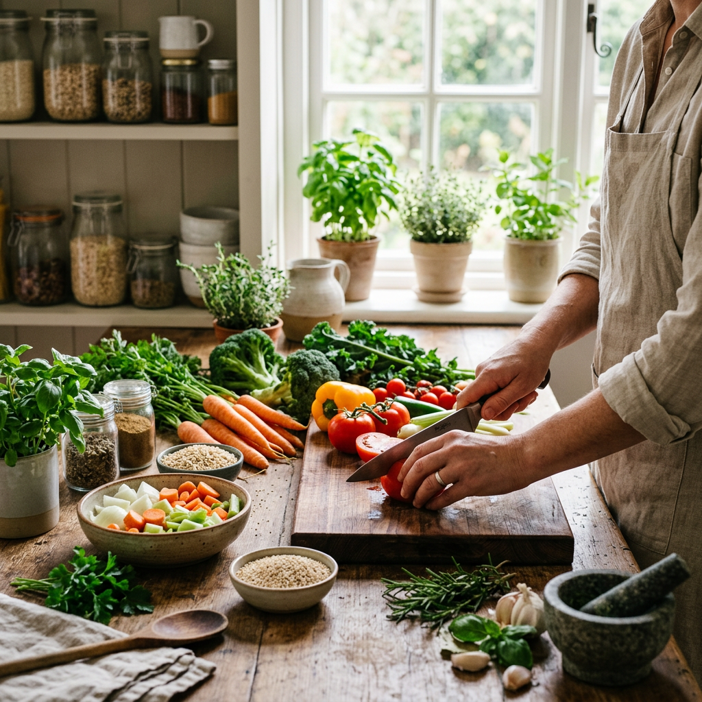 Person slicing tomatoes on a cutting board surrounded by fresh vegetables and herbs