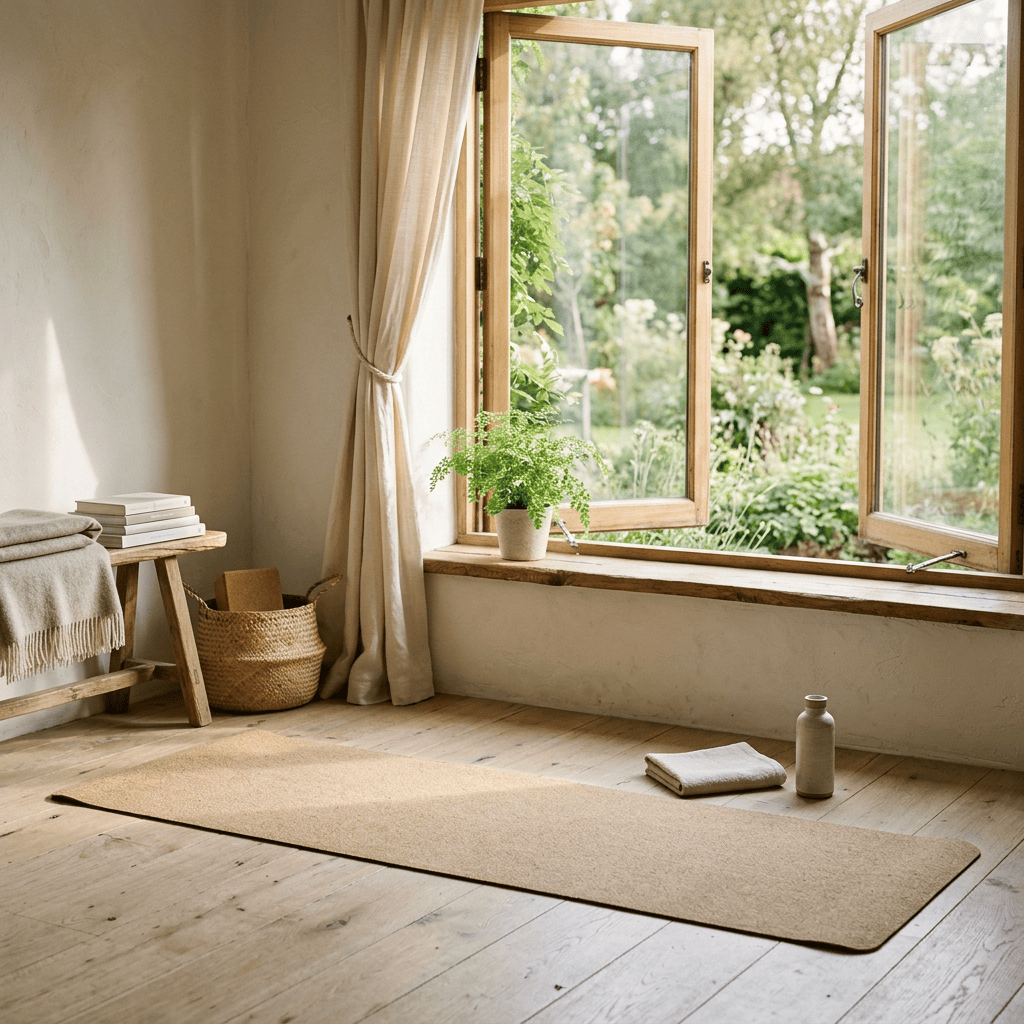 Yoga mat in a sunlit room beside open windows and garden