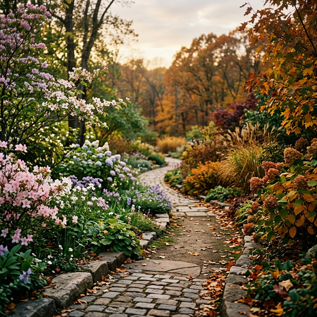 Winding stone path through a flower-filled garden with autumn trees