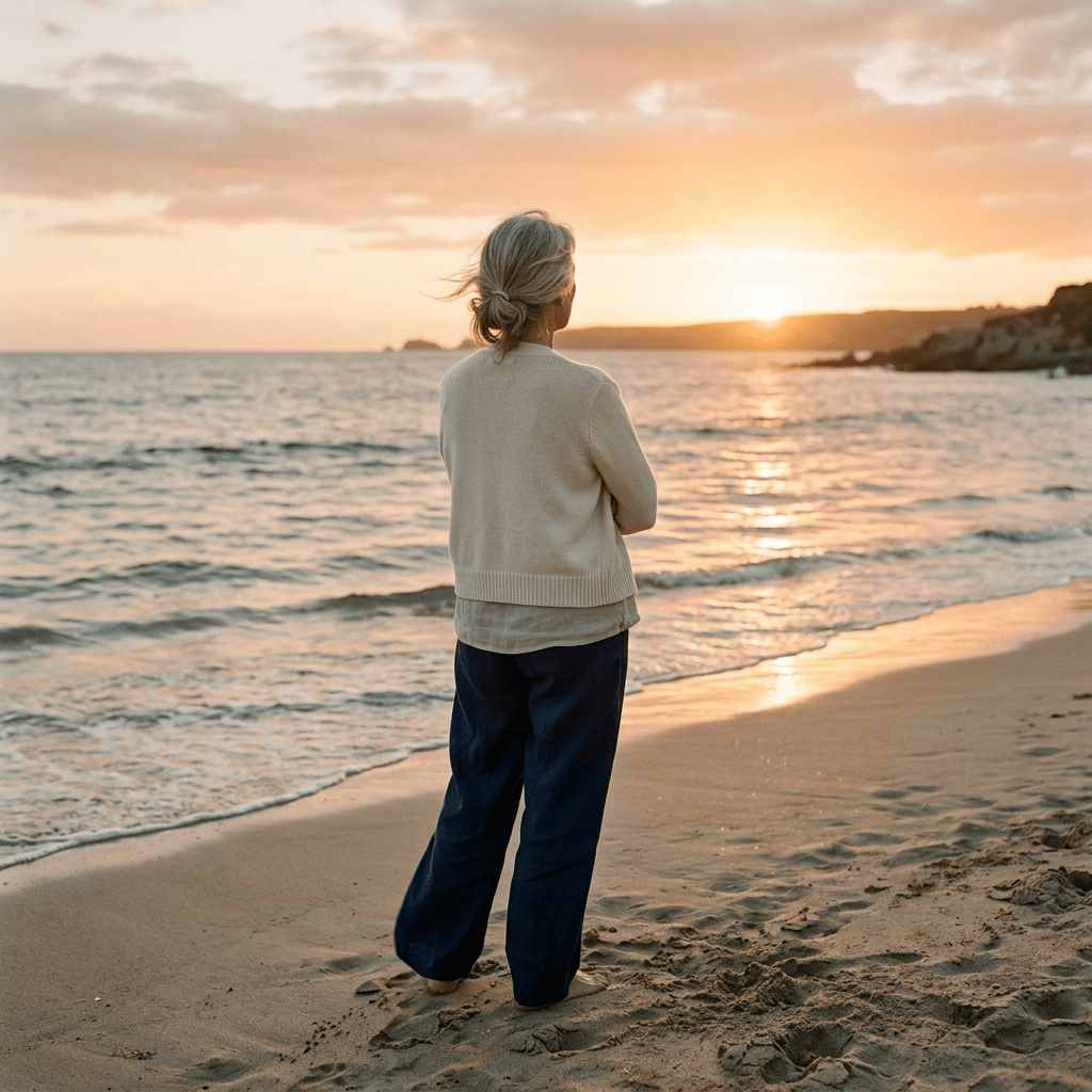 Person standing on a beach watching the sunset over the sea