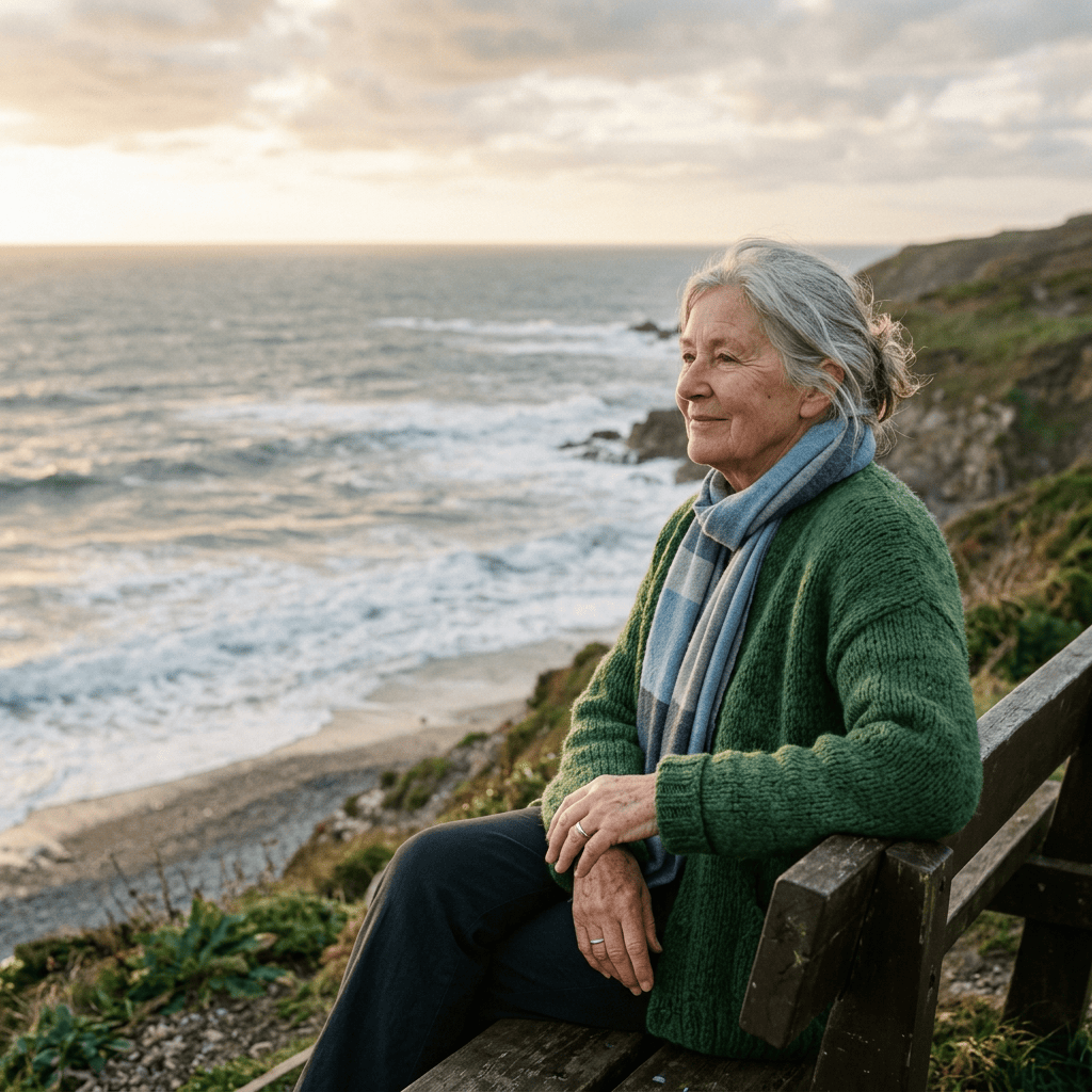 Older woman in green sweater sitting on coastal bench overlooking ocean