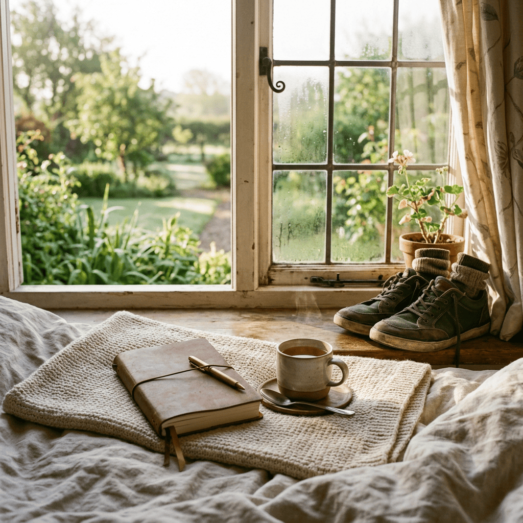 Tea, journal, and walking shoes beside an open garden window