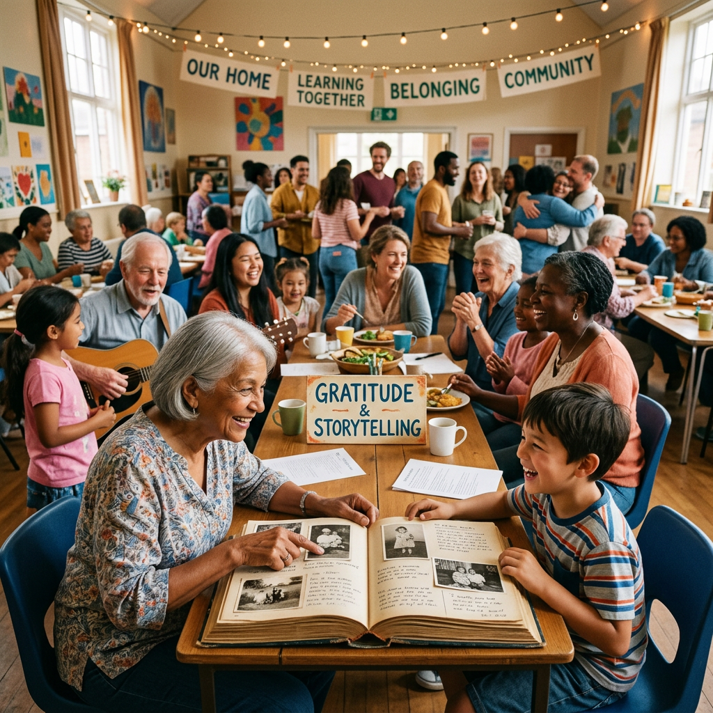 Intergenerational group sharing stories around tables beneath signs reading “Our Home,” “Learning Together,” “Belonging,” and “Community.”