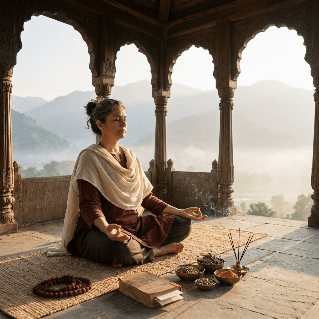 Woman meditating beside incense and prayer beads in an ornate pavilion