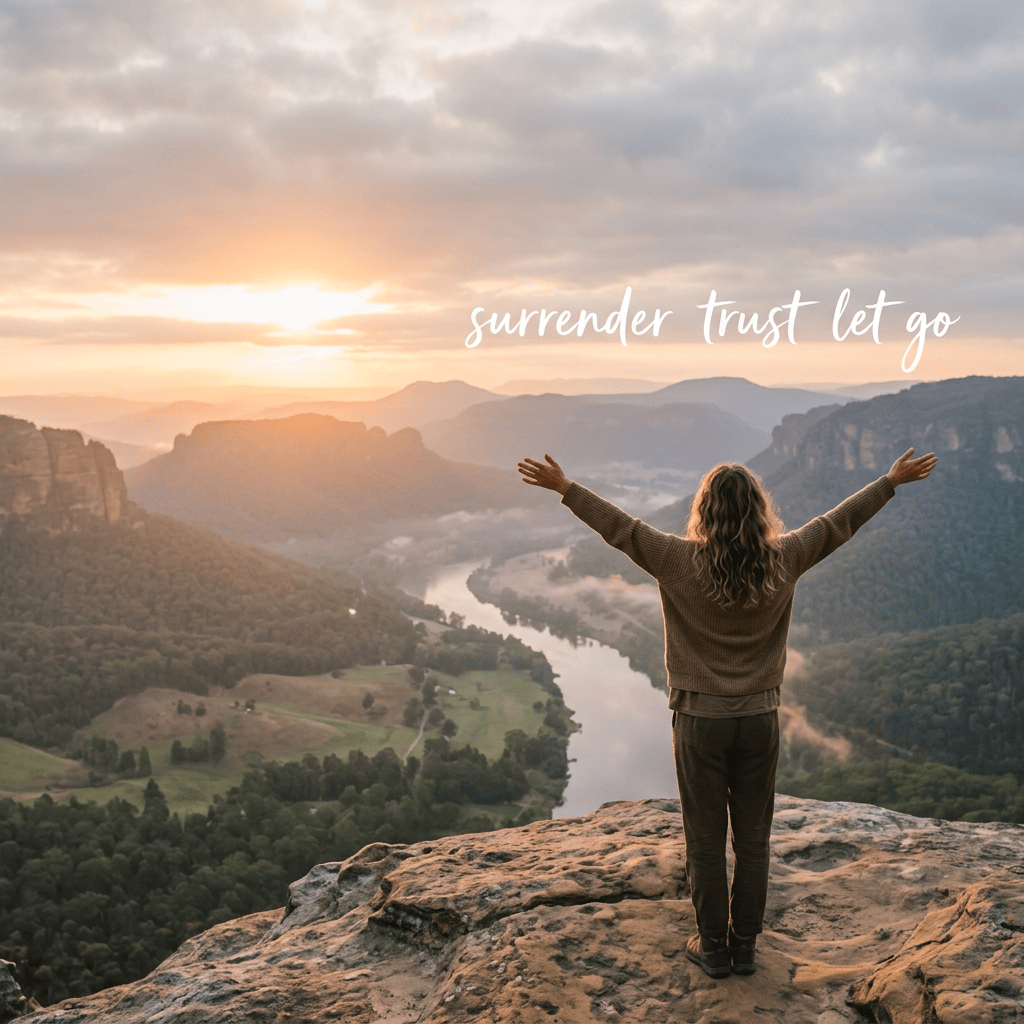 Person with arms outstretched above a mountain valley; text reads “surrender trust let go”